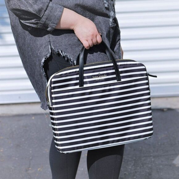 NEW Kate Spade Stripe Computer Laptop Commuter Bag Black White - Picture 2 of 13